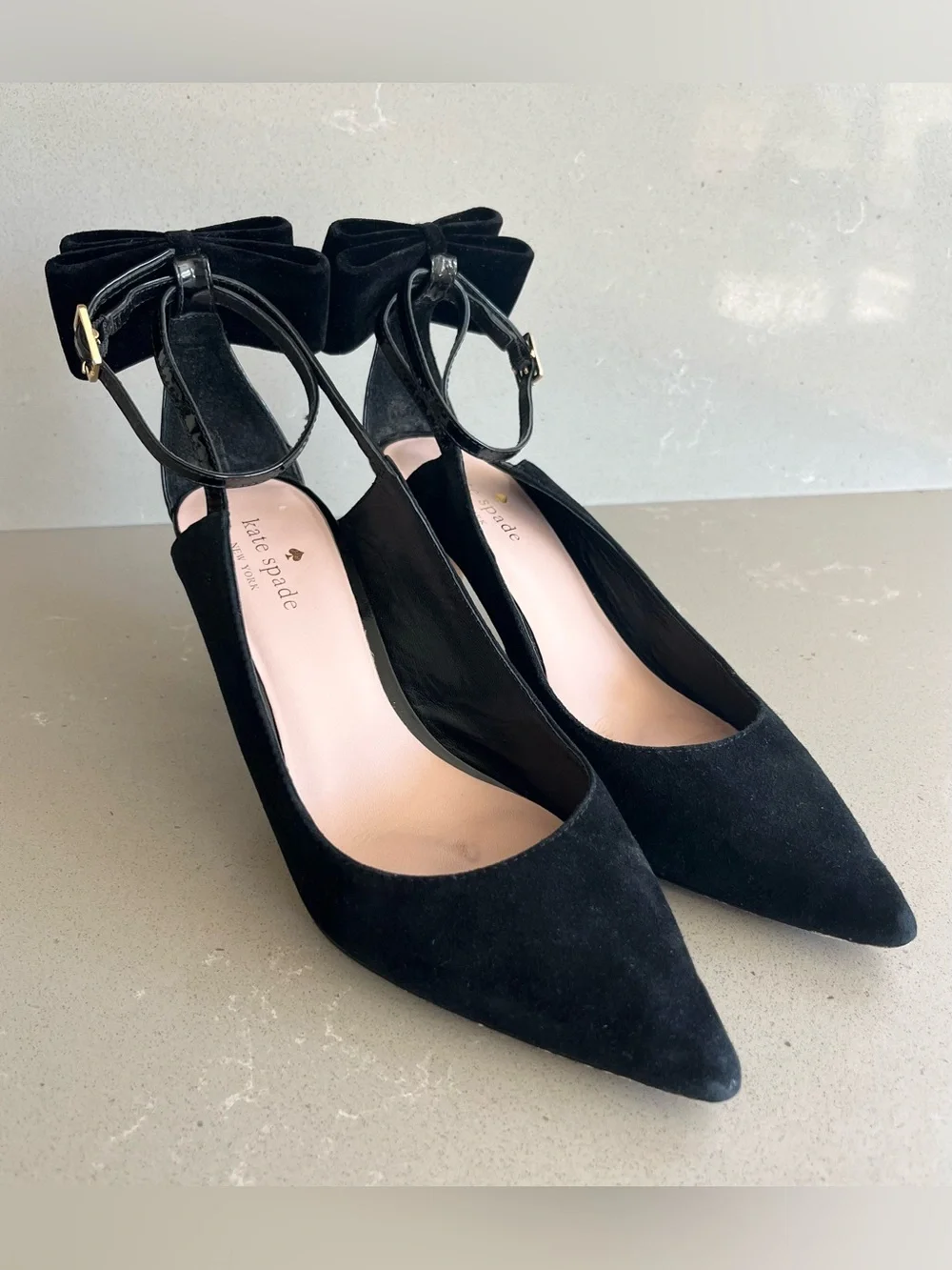 Kate Spade Sheena Black Suede Velvet Bow Ankle Strap HeelsPumps Size 7.5M